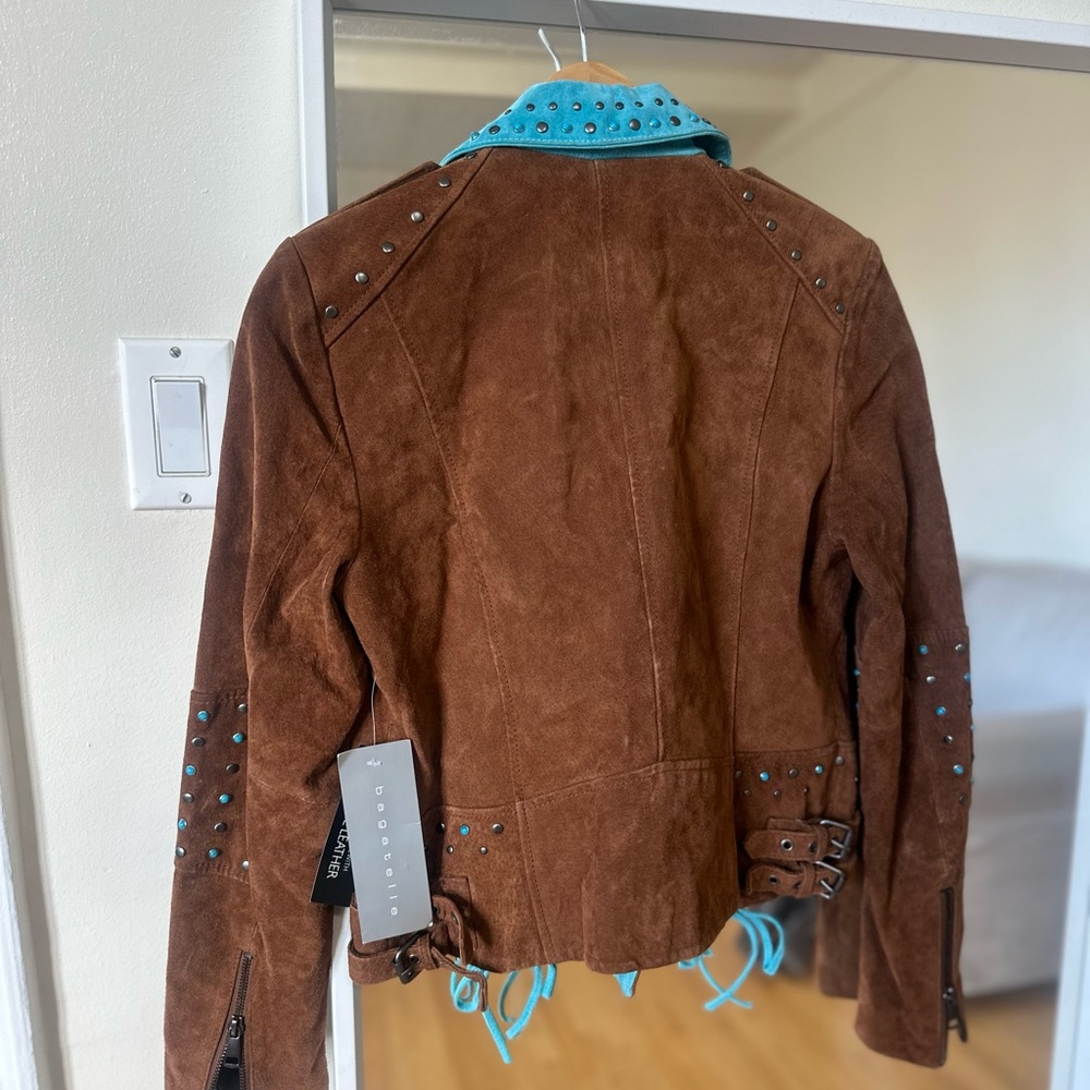 Bagatelle Brown and Blue Leather Jacket - Picture 6 of 9
